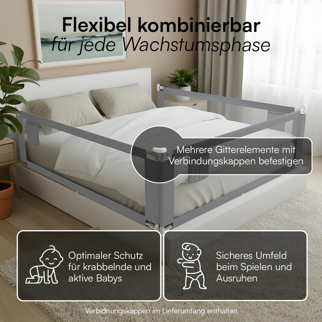 Rausfallschutz Bettgitter höhenverstellbar 180 cm, Hellgrau - mit Gurt 180 cm