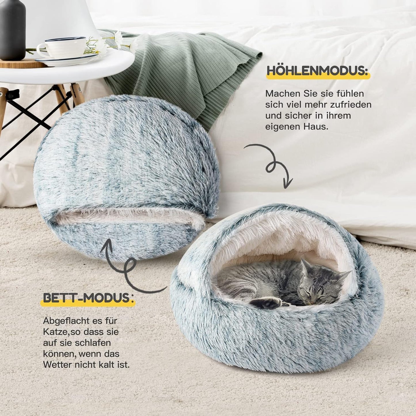 Gemütliches Katzenbett mit Decke, waschbar, Grau-1