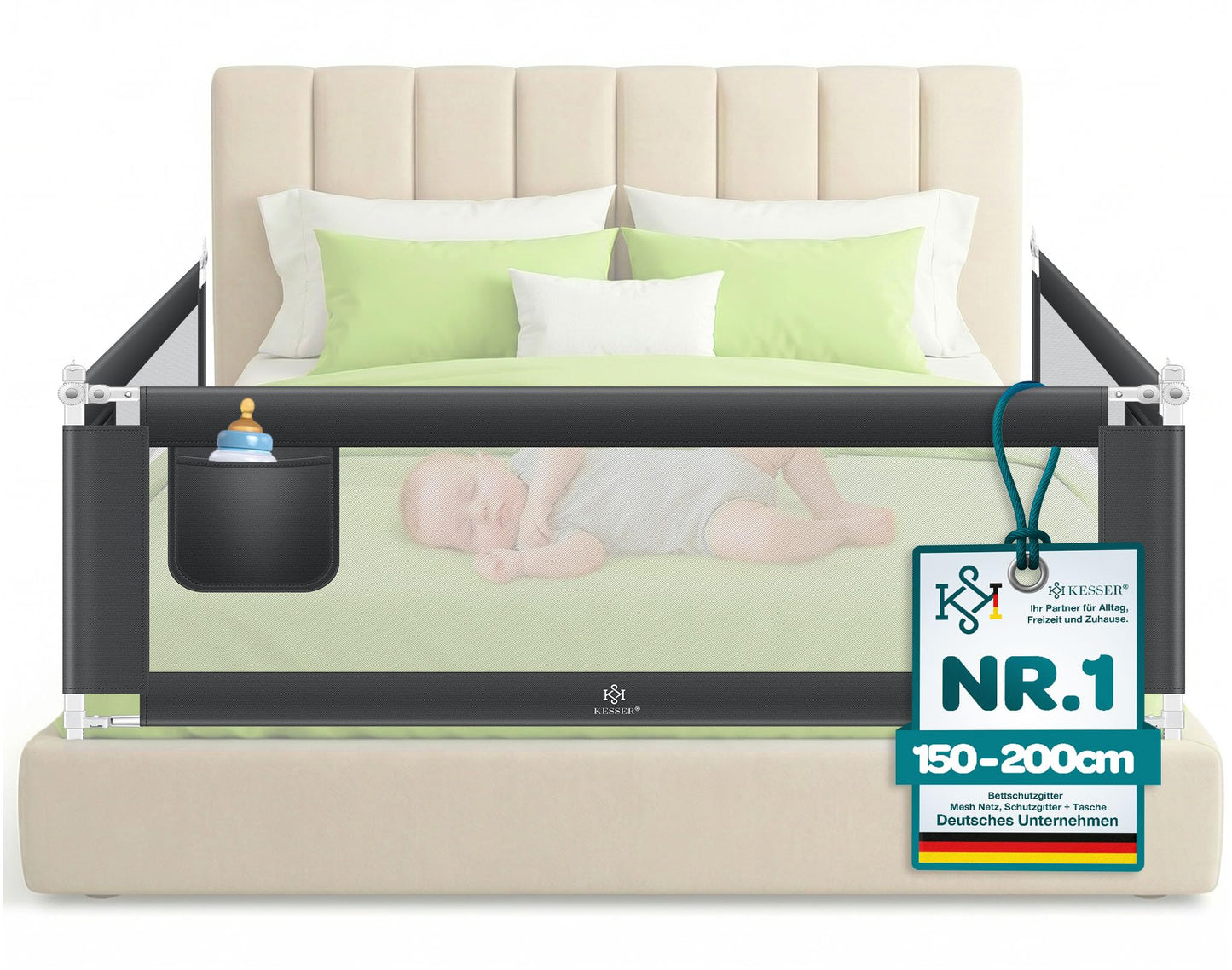 Bettschutzgitter Rausfallschutz für Babys (200 cm), Dunkelgrau 200cm