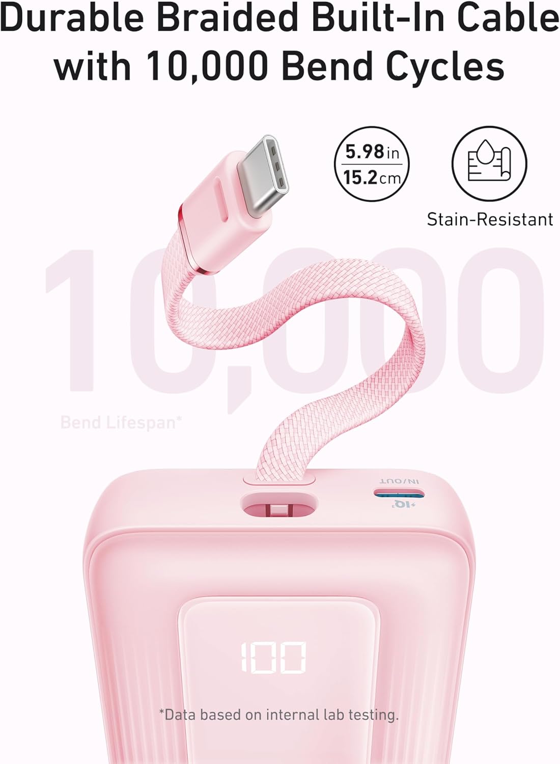 Zolo Powerbank mit USB-C Kabel, 20000mAh Rosa