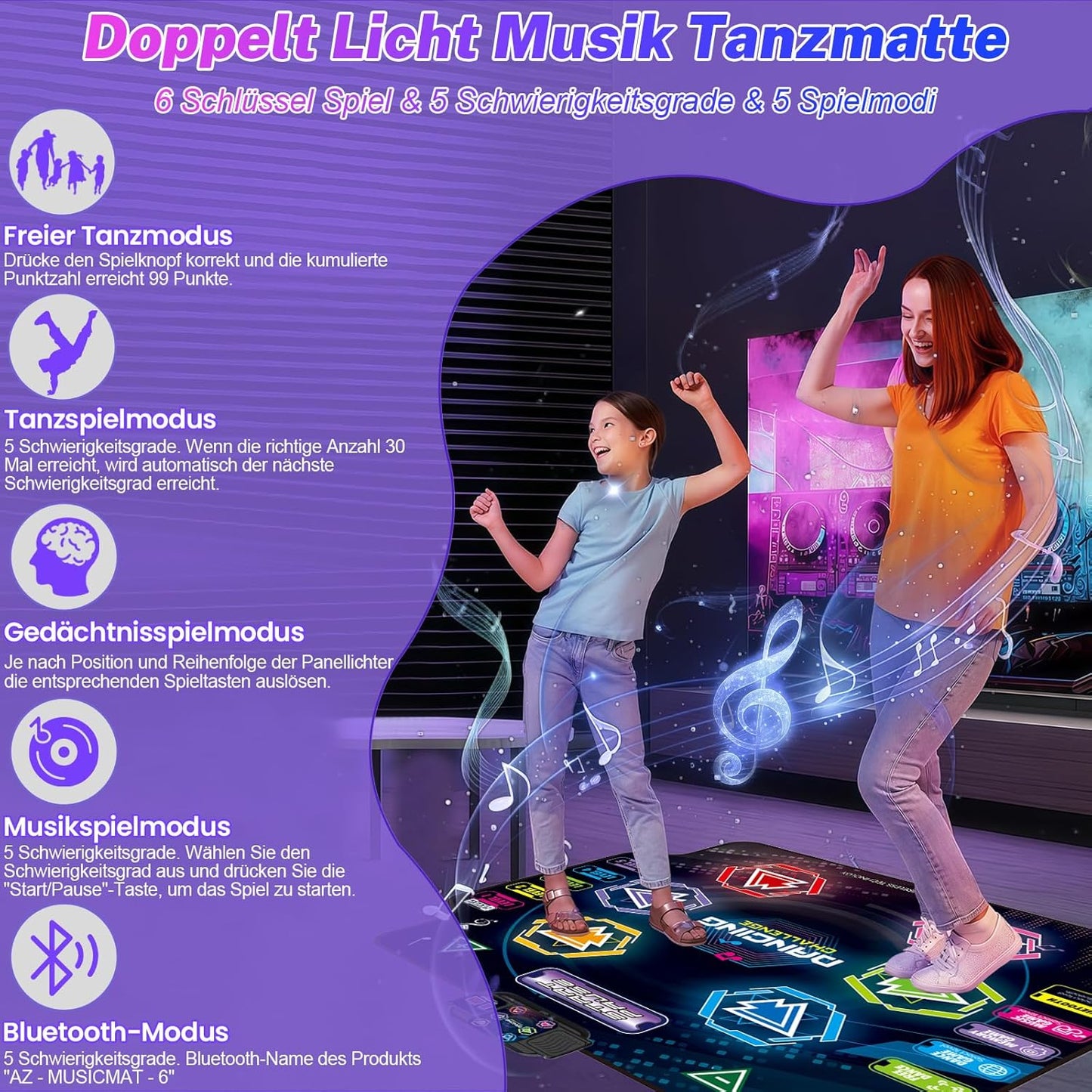 Tanzmatte für Kinder mit LED & Bluetooth (5 Modi)