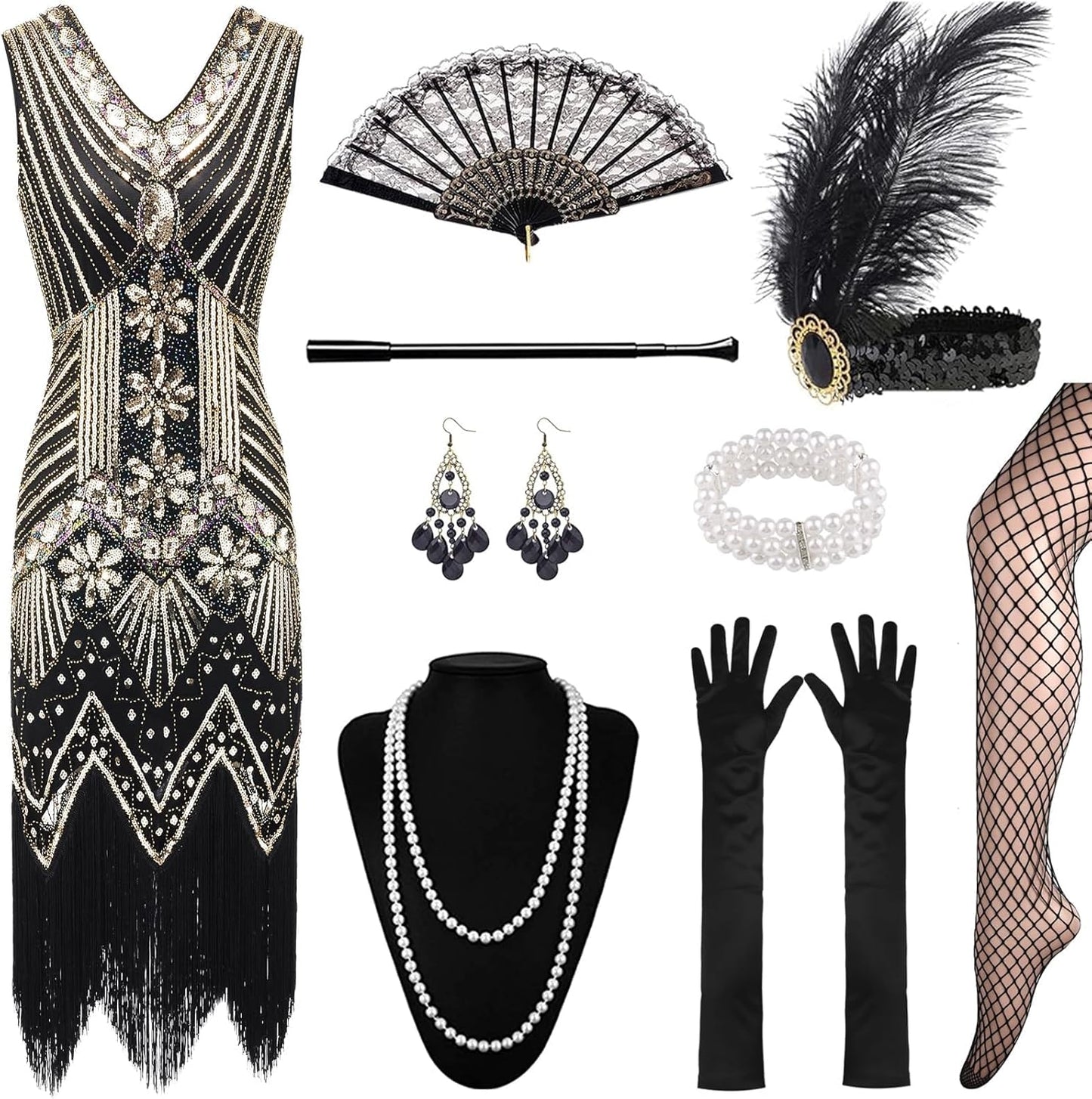 12-teiliges Charleston Kleid mit Accessoires, M