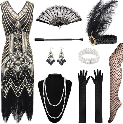 12-teiliges Charleston Kostüm-Set mit Accessoires, S