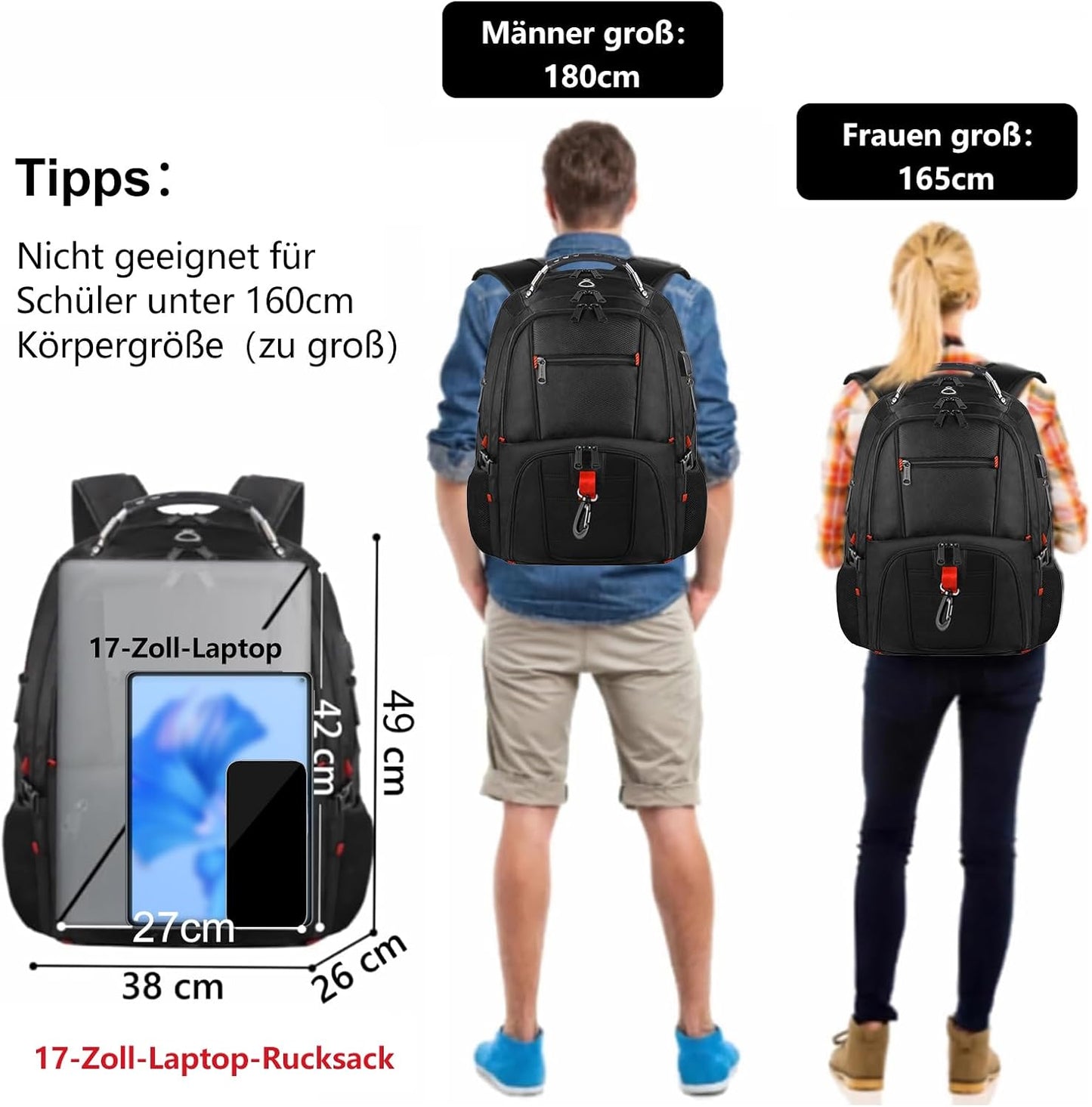 Schulrucksack Anti-Diebstahl (17,3 Zoll), 17.3 Zoll ; Schwarz
