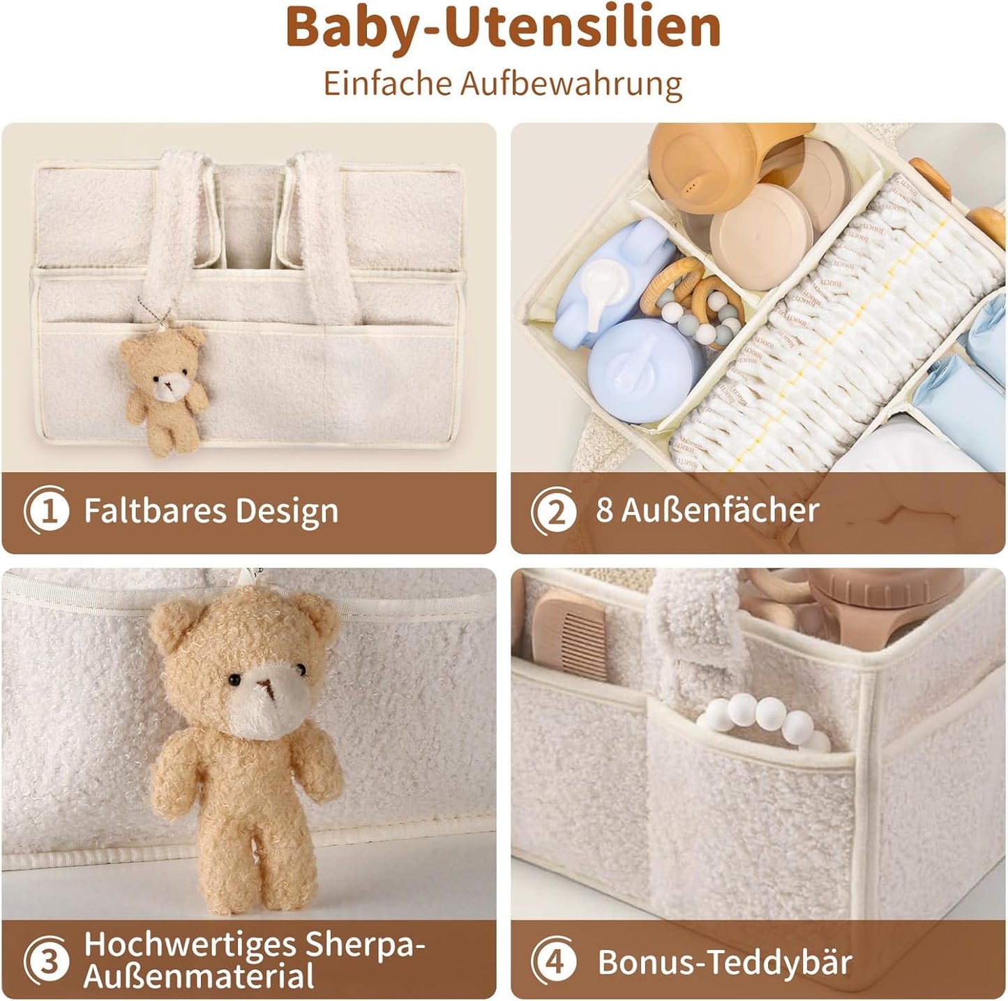 Wickeltisch Organizer mit Fächern & Griffen, Beige