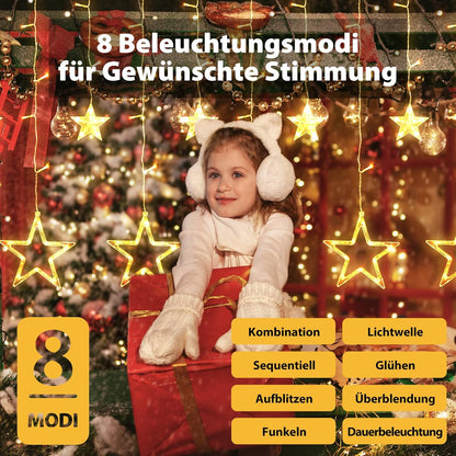 LED Sterne Lichtervorhang 2M, 8 Modi, Wasserdicht, Warmweiss