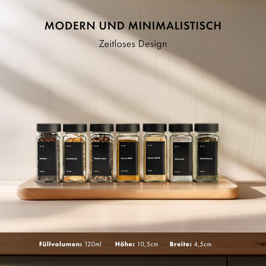 24x eckige Gewürzgläser inkl. Zubehör, Schwarzer Deckel