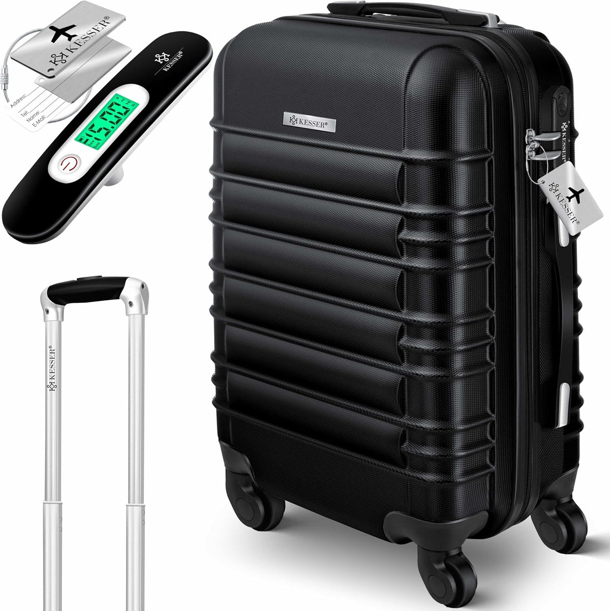 Handgepäck Koffer mit Kofferwaage & Zahlenschloss, Handgepäck 55cm - 55L / Schwarz