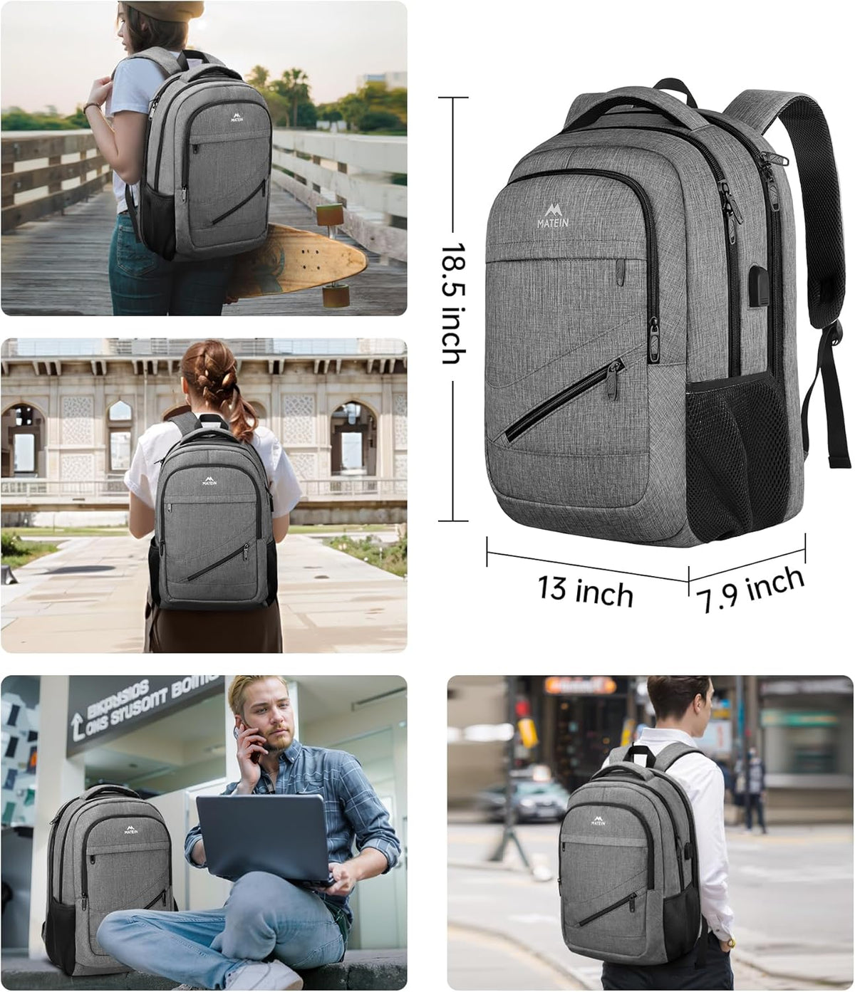 Laptop-Rucksack mit USB & Anti-Diebstahl-Funktion, 17.3 zoll Grau