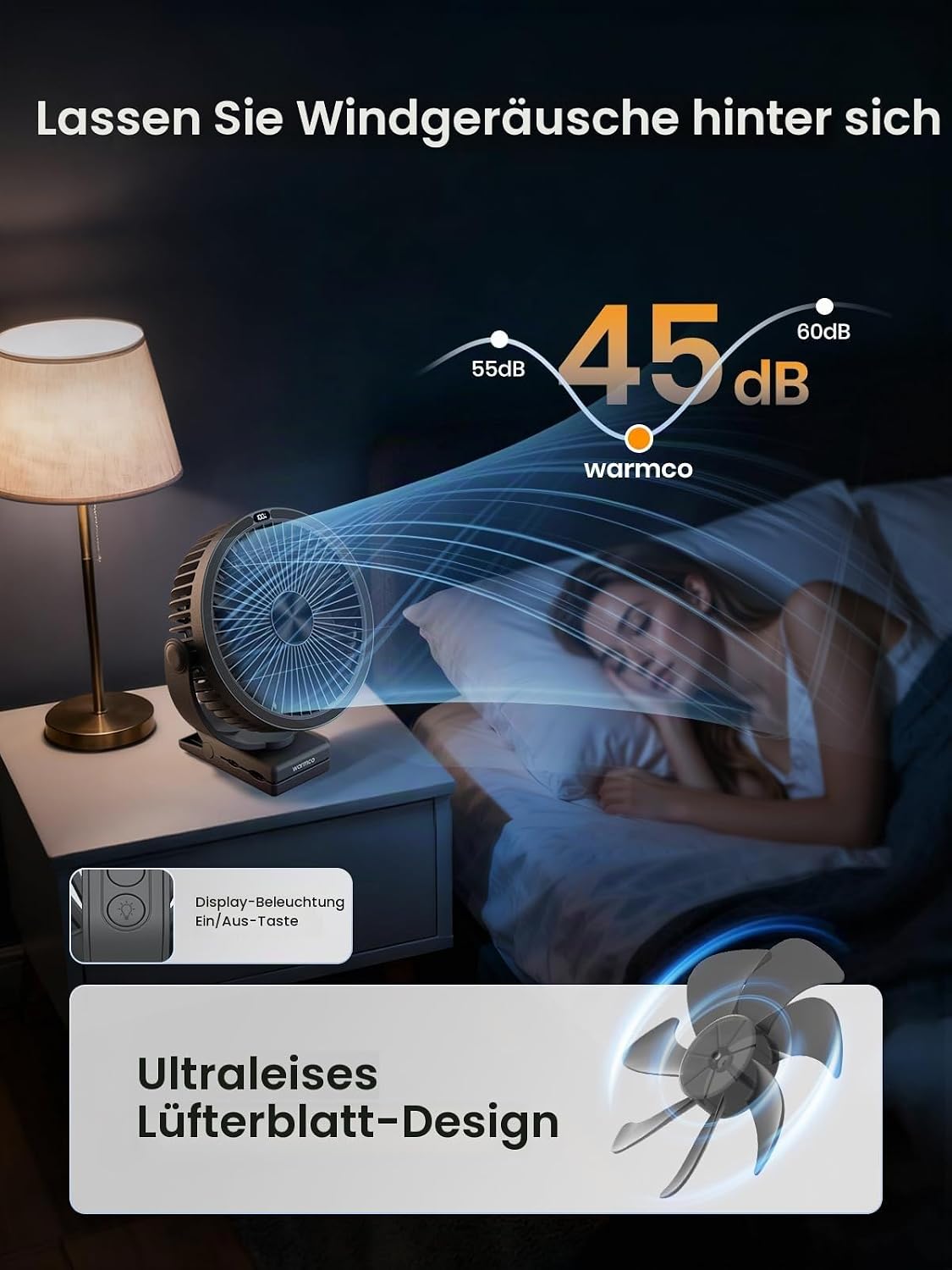 Tragbarer Tischventilator DJ10 mit 720° Drehung & LED-Licht, 10000mAh
