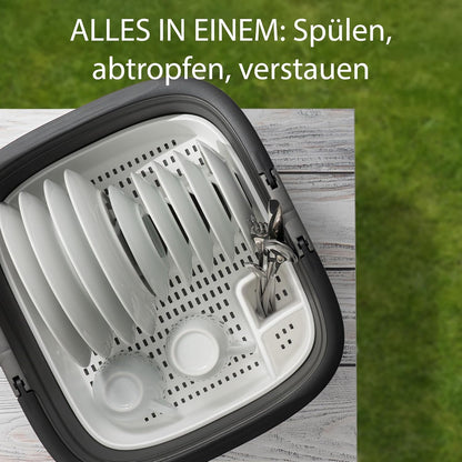 Camping-Spülschüssel mit Abtropfgestell, Anthrazit Schwarz Weiss Wanne 16L + Abtropfgestell