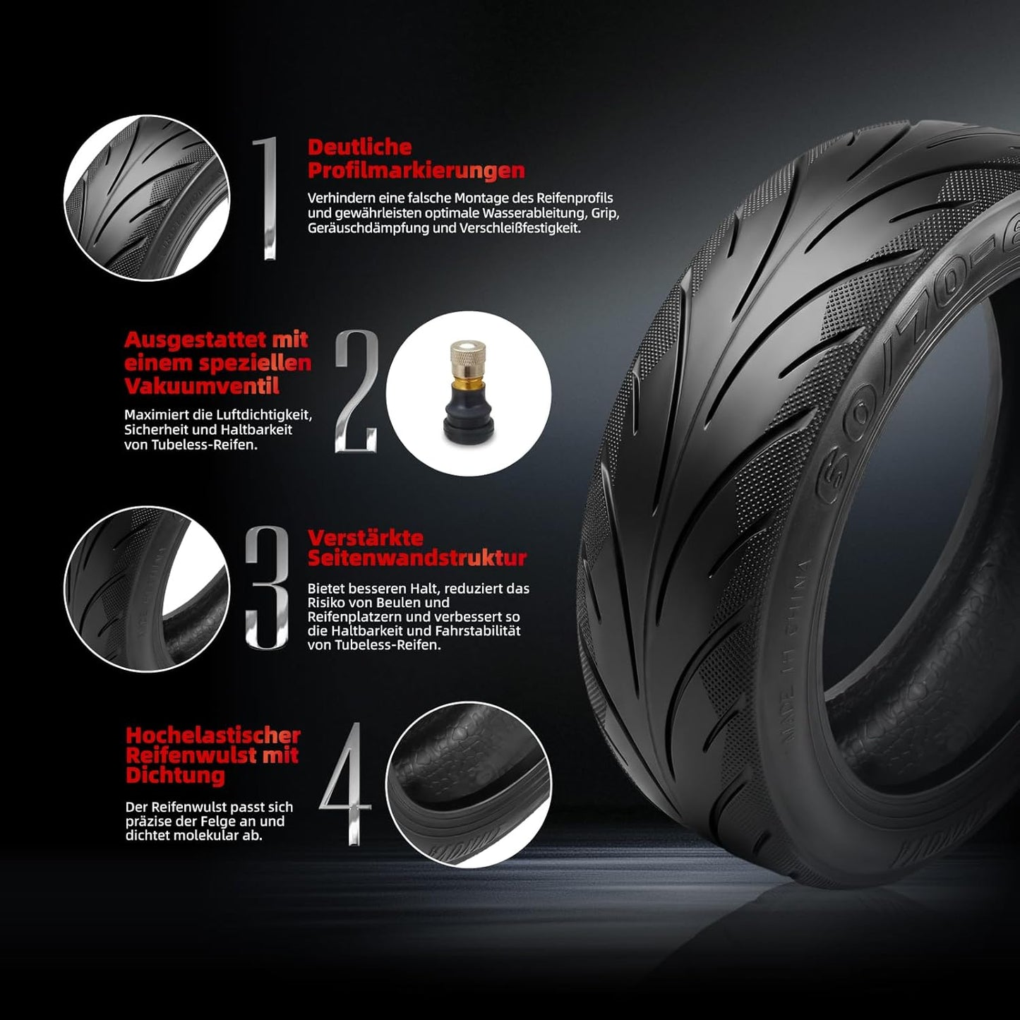 Tubeless Ersatzreifen für Elektroroller 10 Zoll, Tubeless-Reifen 1 Stück