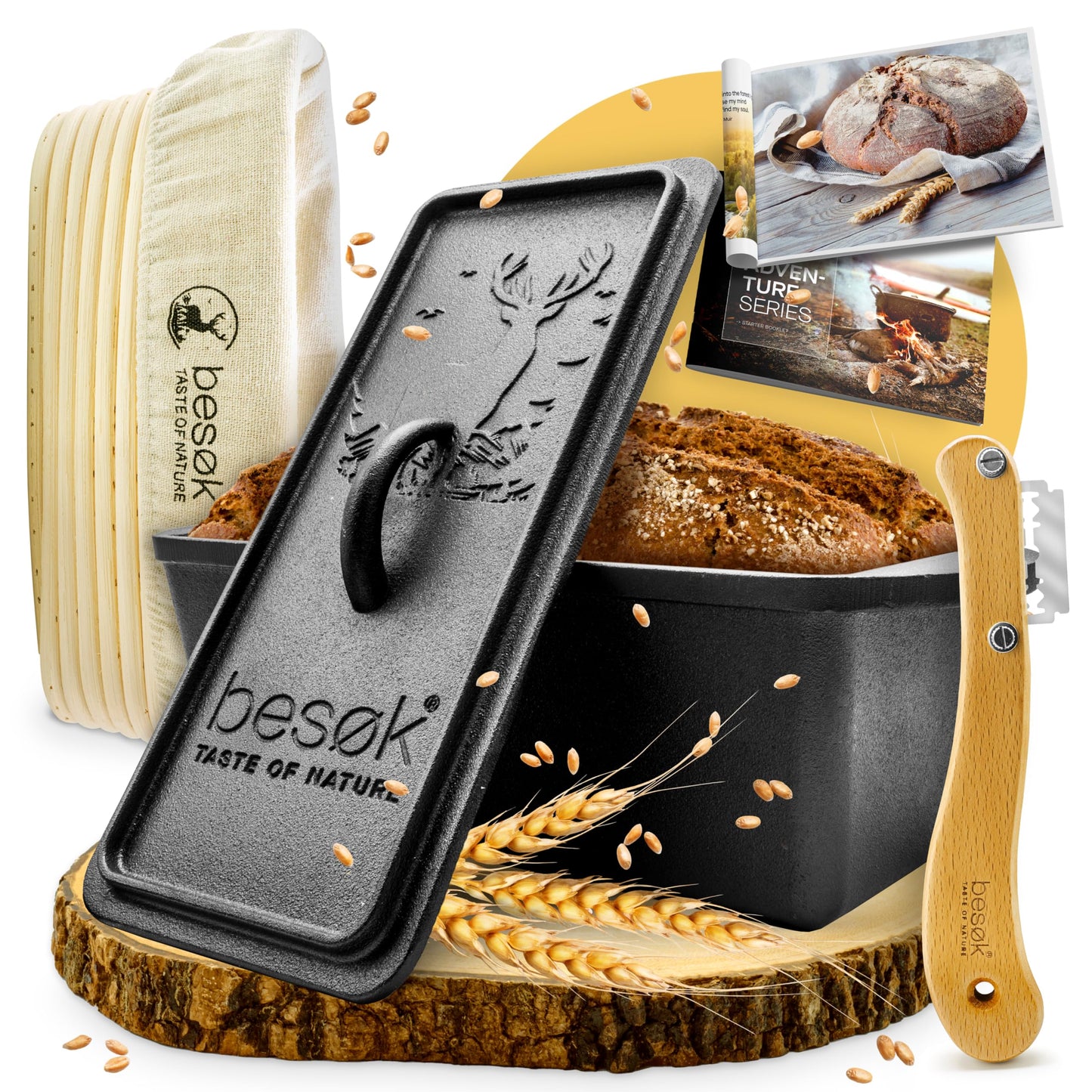 Gusseisen-Brotbackform mit Gärkorb & Teigmesser, Kastenform + Gärkorb