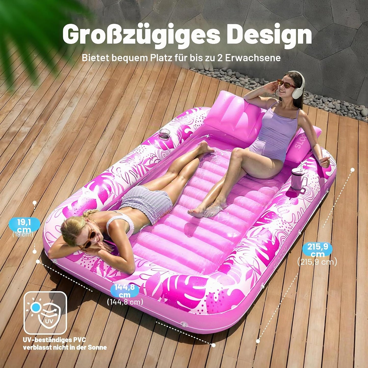 Aufblasbarer 4-in-1 Sonnenliegepool mit Kissen und Getränkehalter, Rosa XL