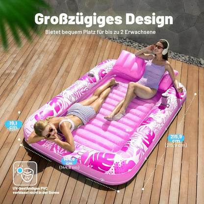 Aufblasbarer 4-in-1 Sonnenliegepool mit Kissen und Getränkehalter, Rosa XL