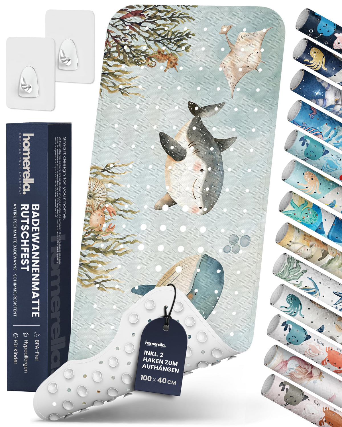 Rutschfeste Badewannenmatte für Kinder, inkl. Haken, Pastel Aqua