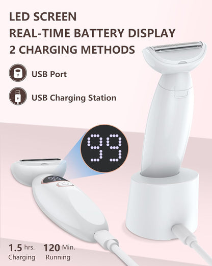 3-in-1 Damenrasierer & Trimmer, wasserdicht, USB-Ladung, Weiss