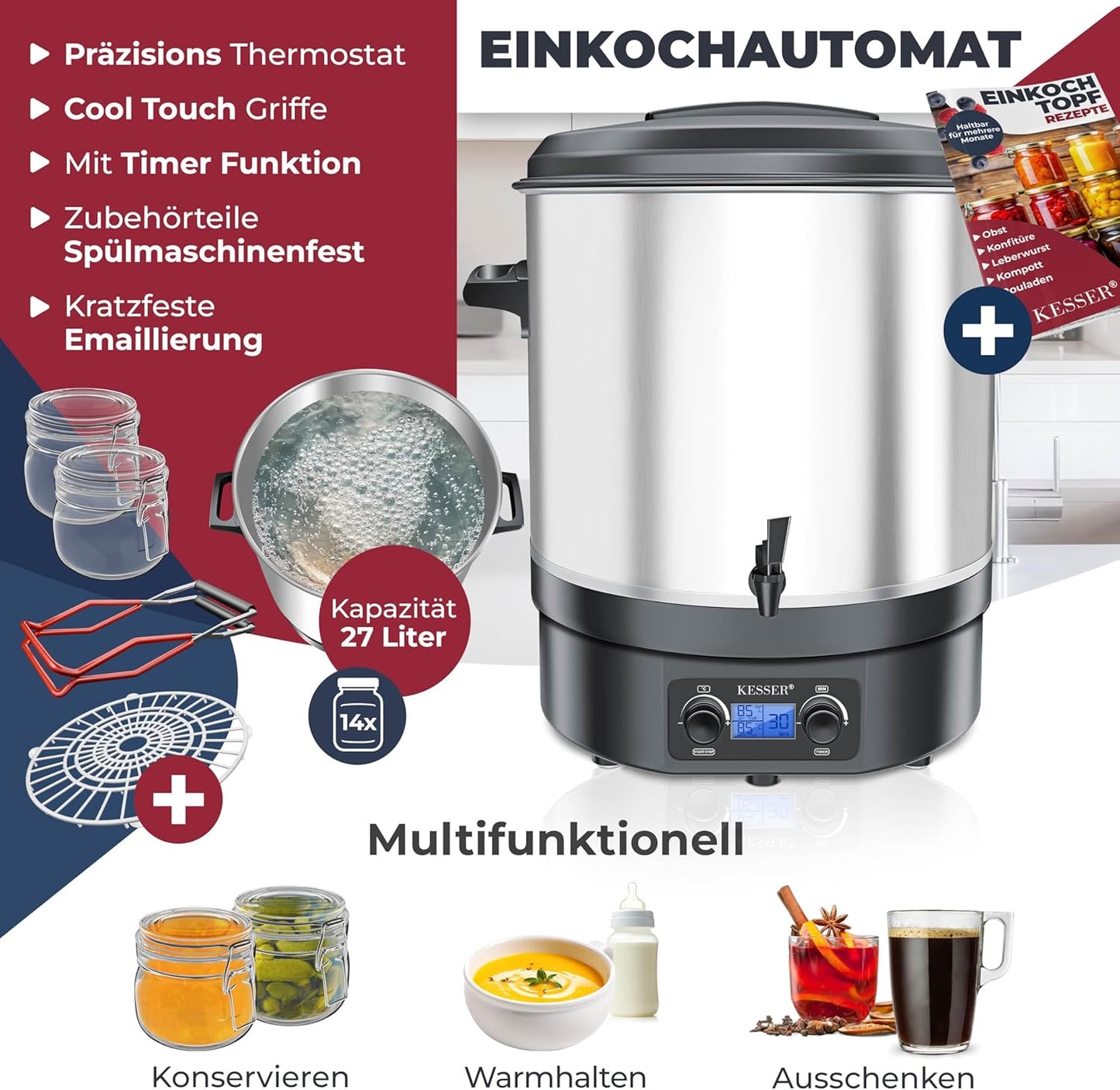 Einkochautomat mit Timer und Abschaltautomatik, 27 Liter Edelstahl
