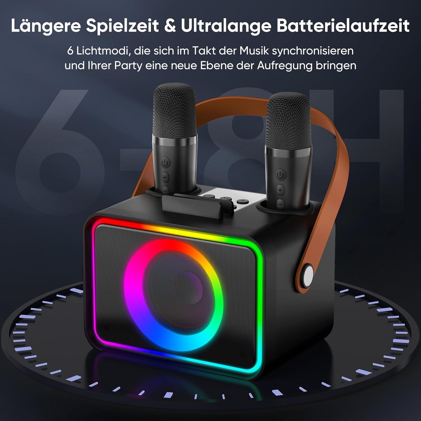 Tragbare Karaoke Maschine mit 2 Mikrofonen, Mattschwarz-2 Mikrofone