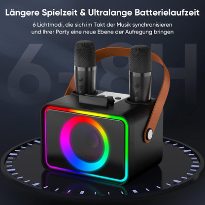 Tragbare Karaoke Maschine mit 2 Mikrofonen, Mattschwarz-2 Mikrofone