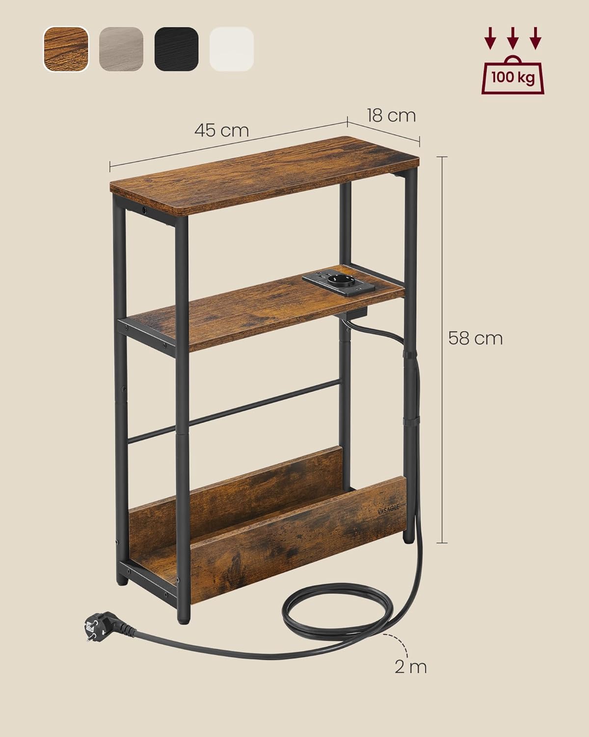 Schmaler Beistelltisch mit Ladefunktion und Ablagen, Vintagebraun + Tintenschwarz