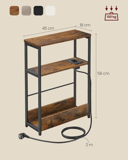 Schmaler Beistelltisch mit Ladefunktion und Ablagen, Vintagebraun + Tintenschwarz