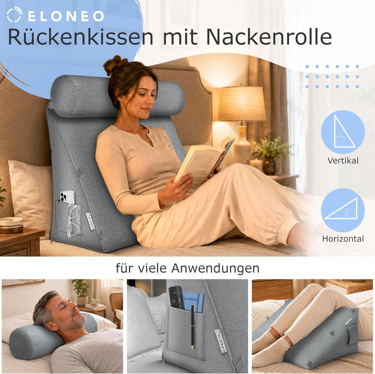 Verstellbares Rückenkissen mit Nackenrolle, Grau 50 cm