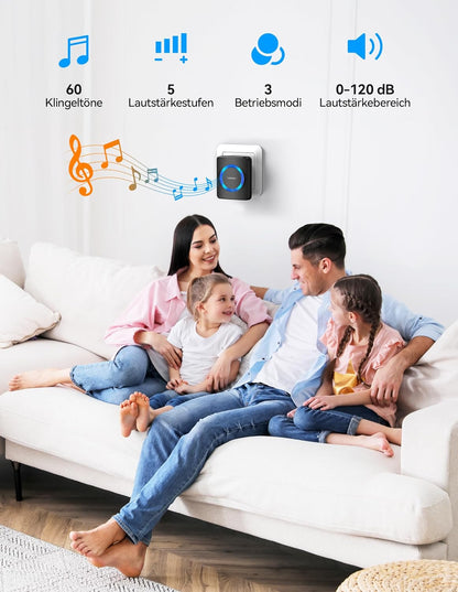 Funkklingel-Set mit 600m Reichweite, 1 Plug-In-Empfänger und 2 Sender, Schwarze Leds