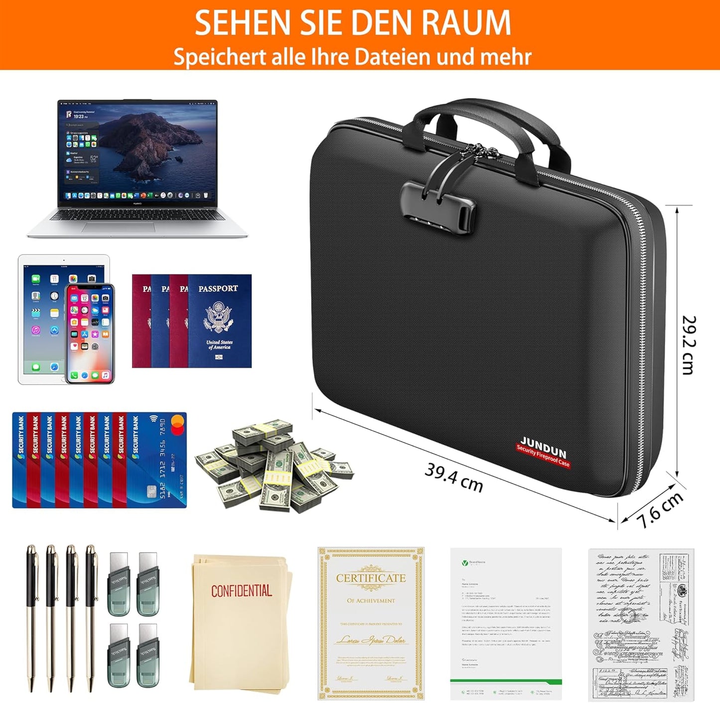 Feuerfeste Dokumentenbox mit Schloss & Trageriemen, Schwarz L