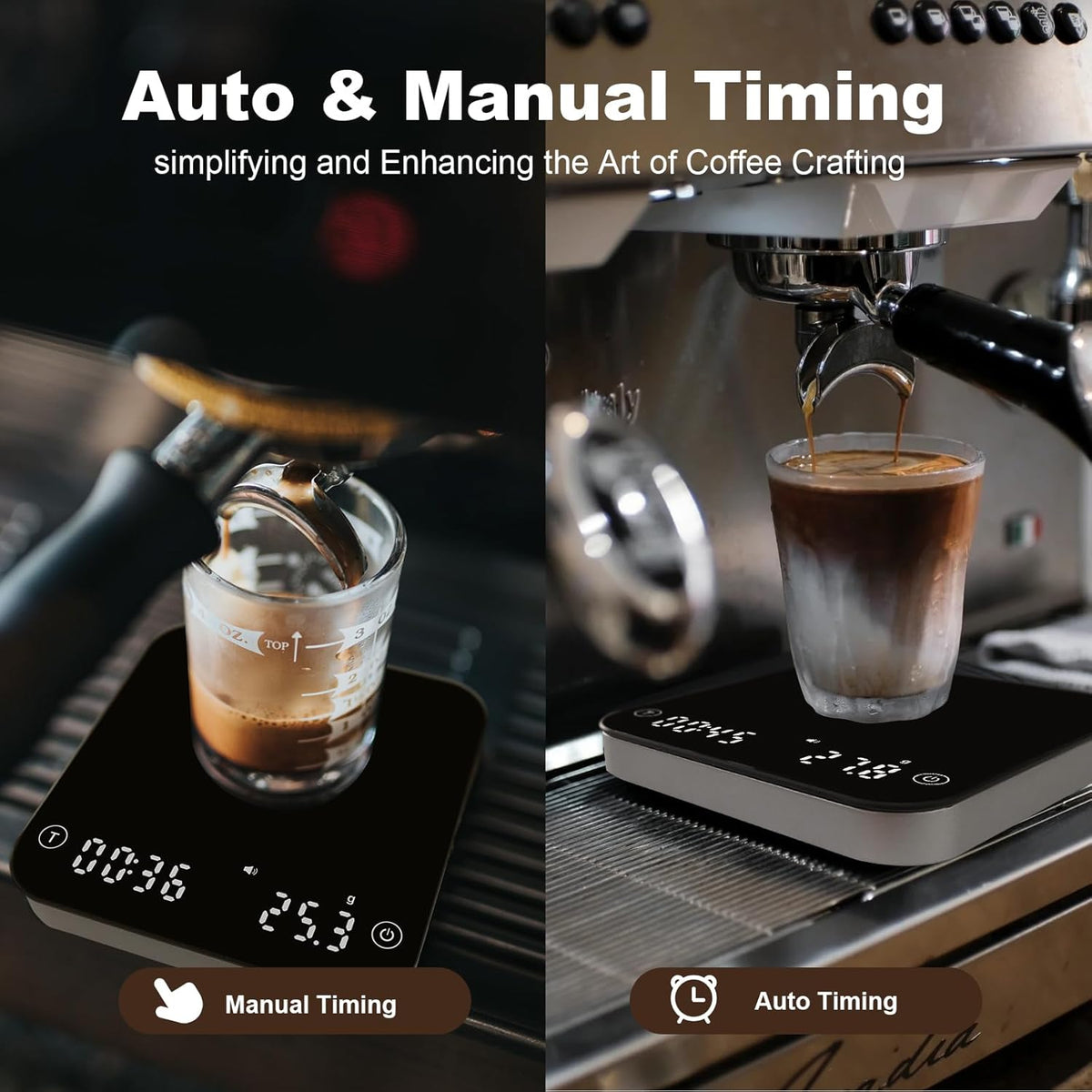 Barista-Waage mit Timer, Schwarz und Silber