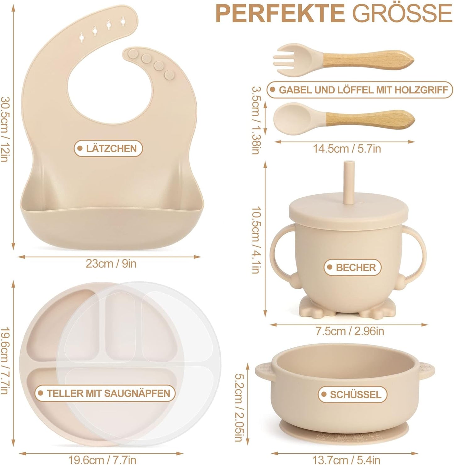 7-teiliges Baby-Geschirrset mit Saugnapf, Beige