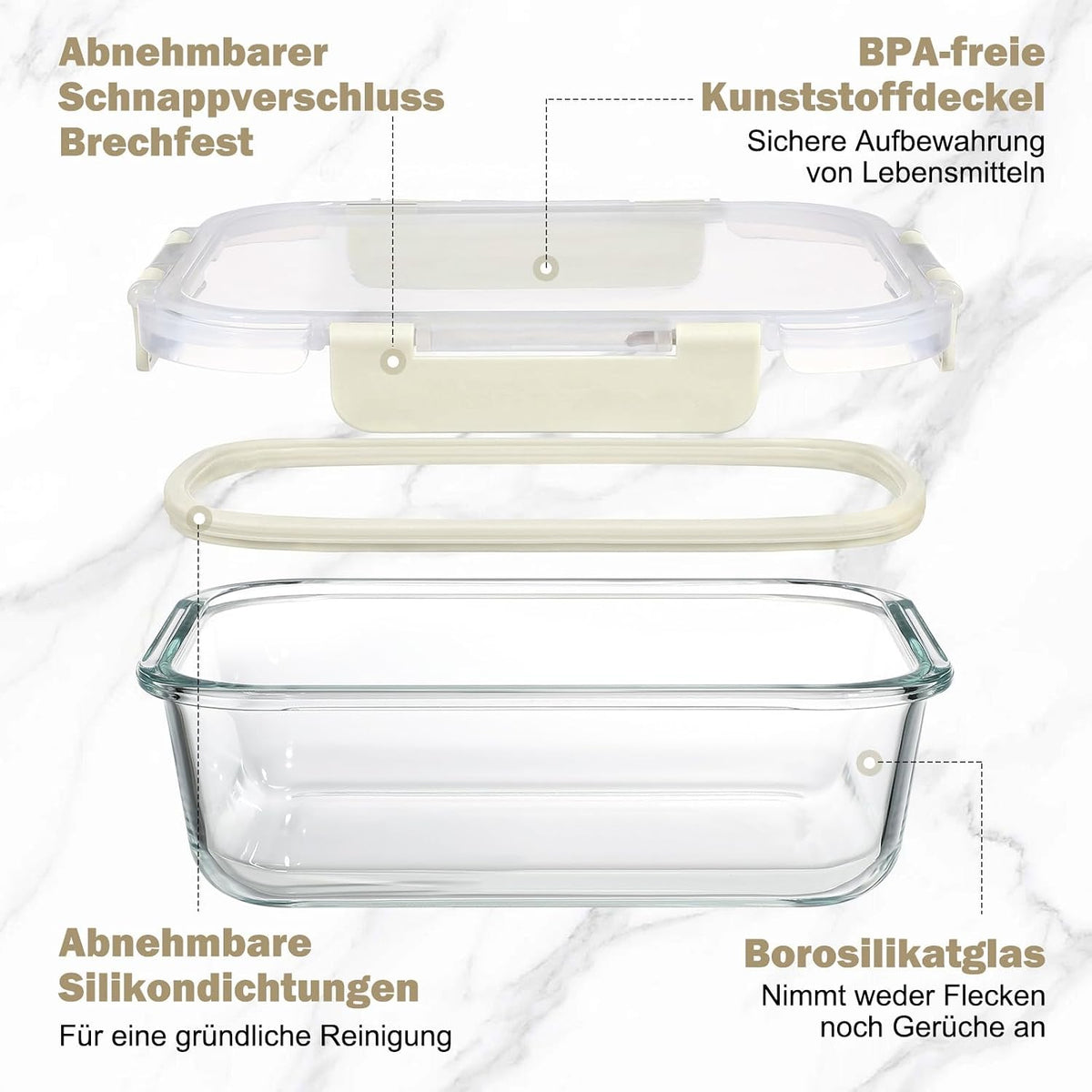 Meal Prep Boxen Glas mit Deckel, stapelbar, Weiss-12 Stück