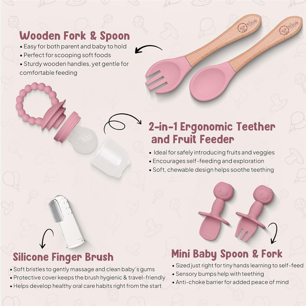 15-teiliges Baby Fütterungsset, Rose Pink V5 Pflegeset [15 Stück]