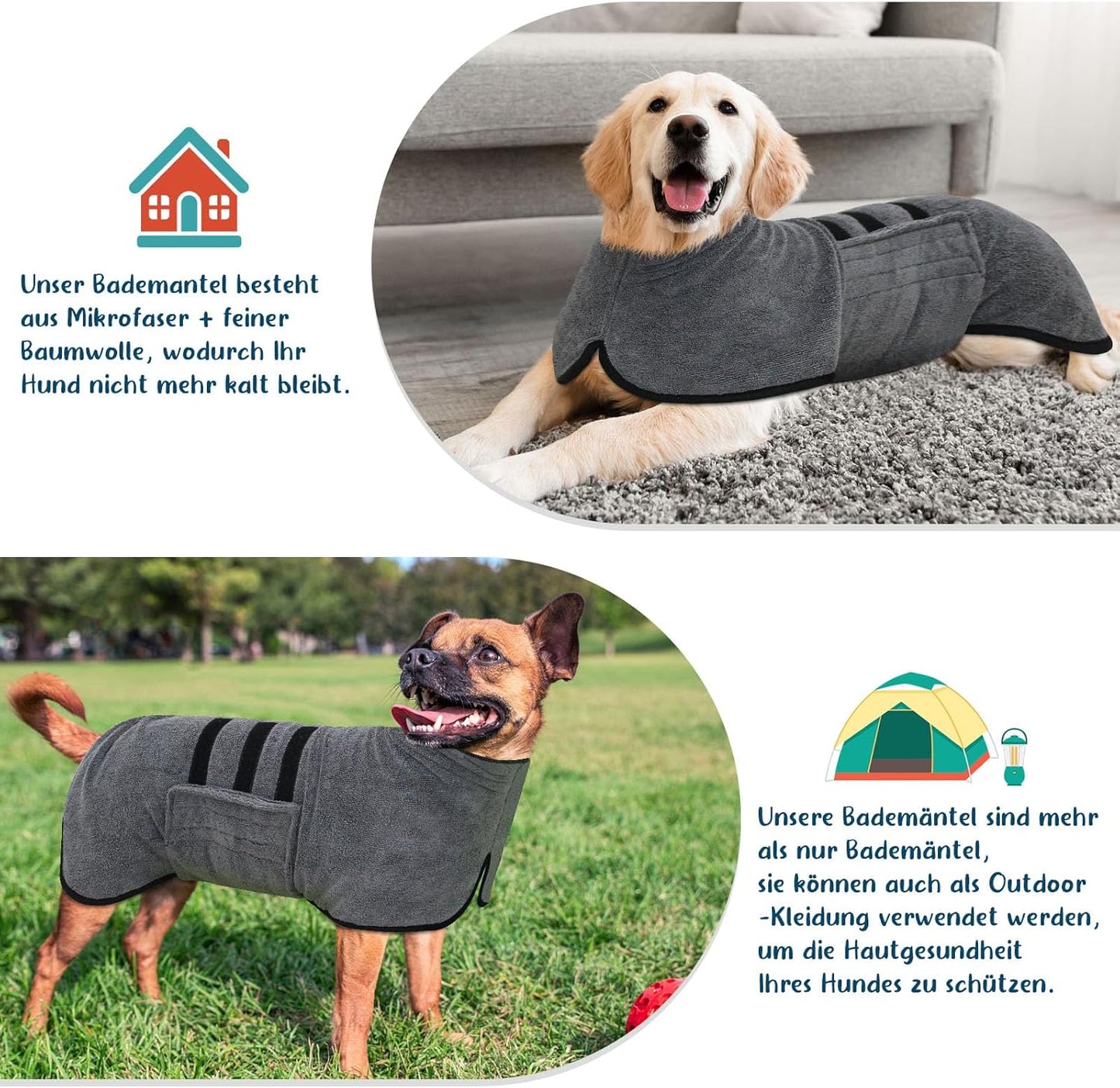 Saugfähiger und schnell trocknender Hundebademantel, Grau, XXL