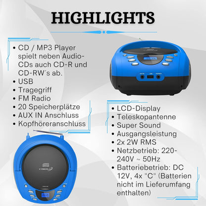 Tragbare Boombox mit CD-Player und Bluetooth, Blau