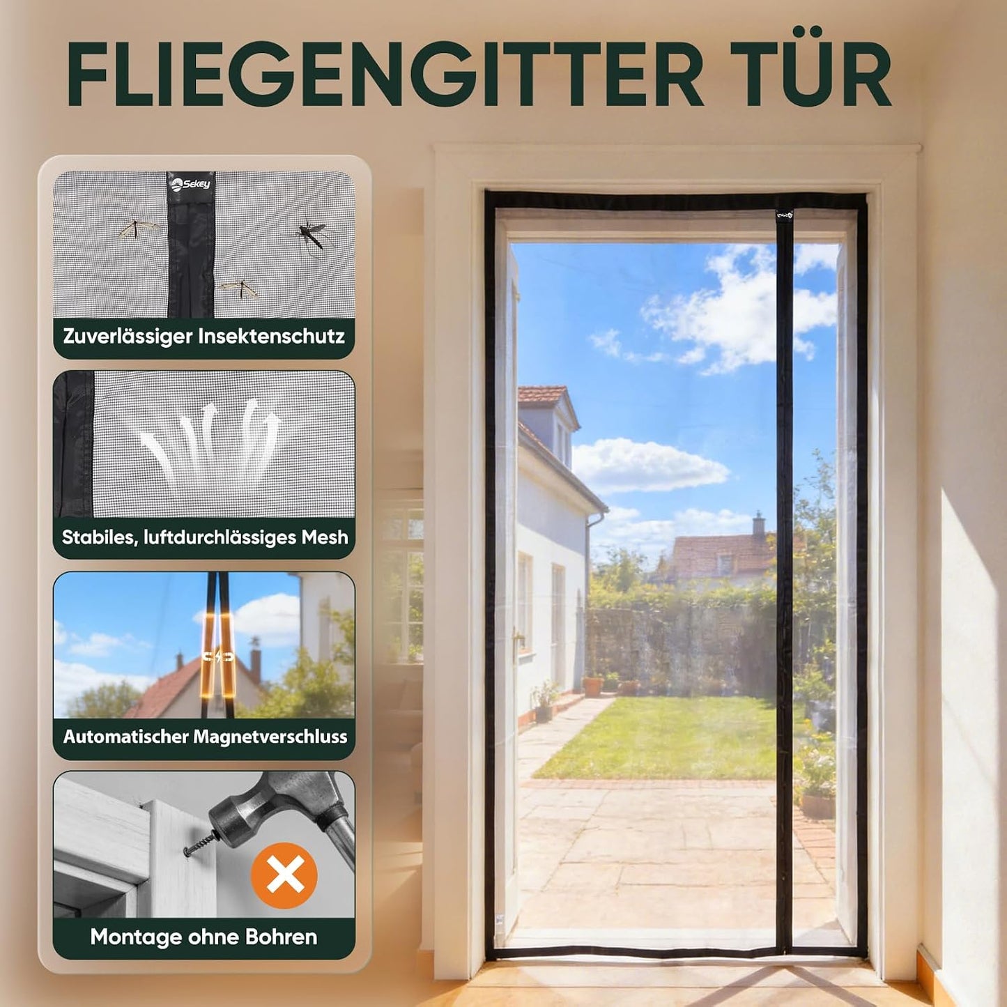 Fliegengitter Tür-Magnetvorhang (seitliche Öffnung), 140x230cm Schwarz (Seitliche Öffnung)