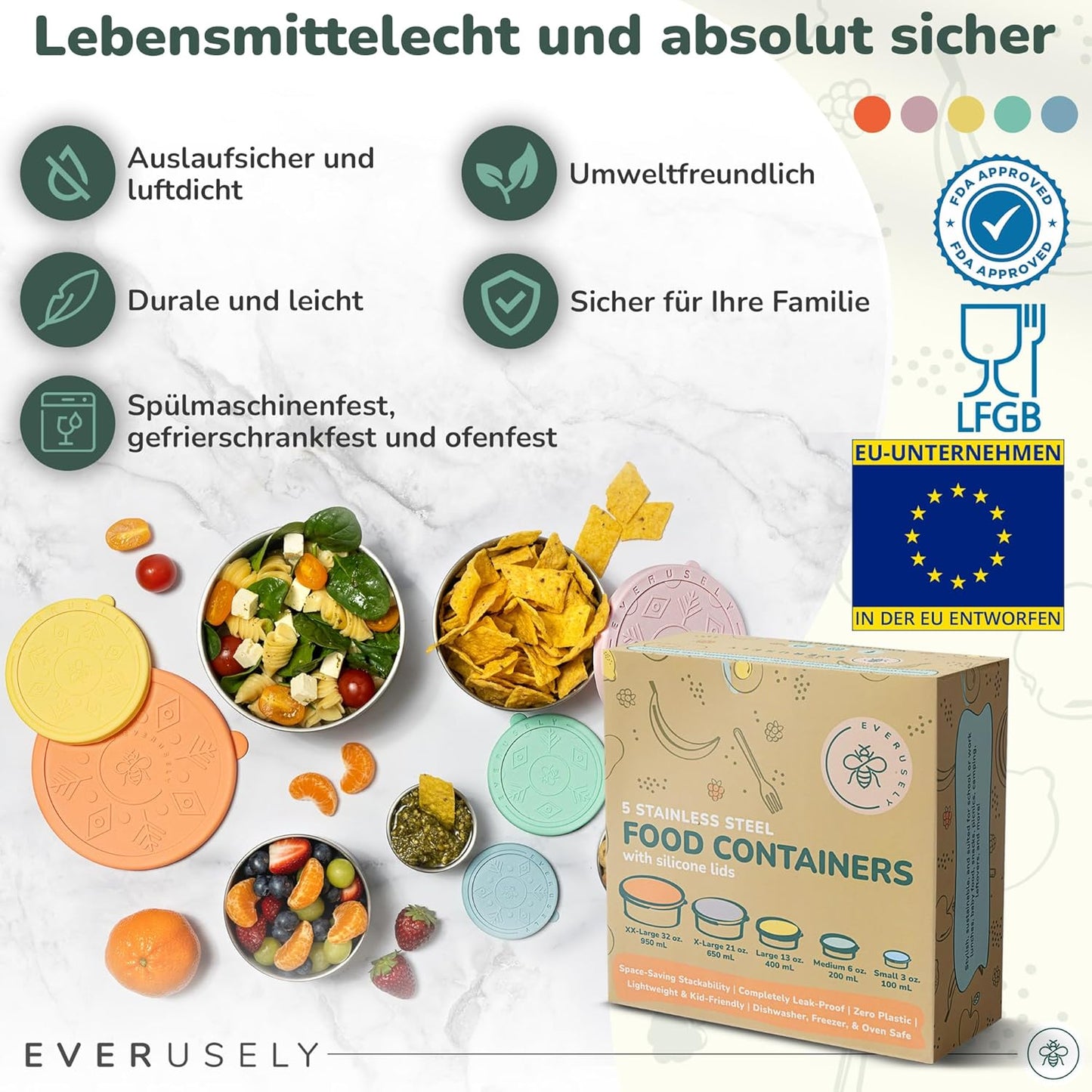 5er-Set Snackboxen mit Deckel, Regenbogen