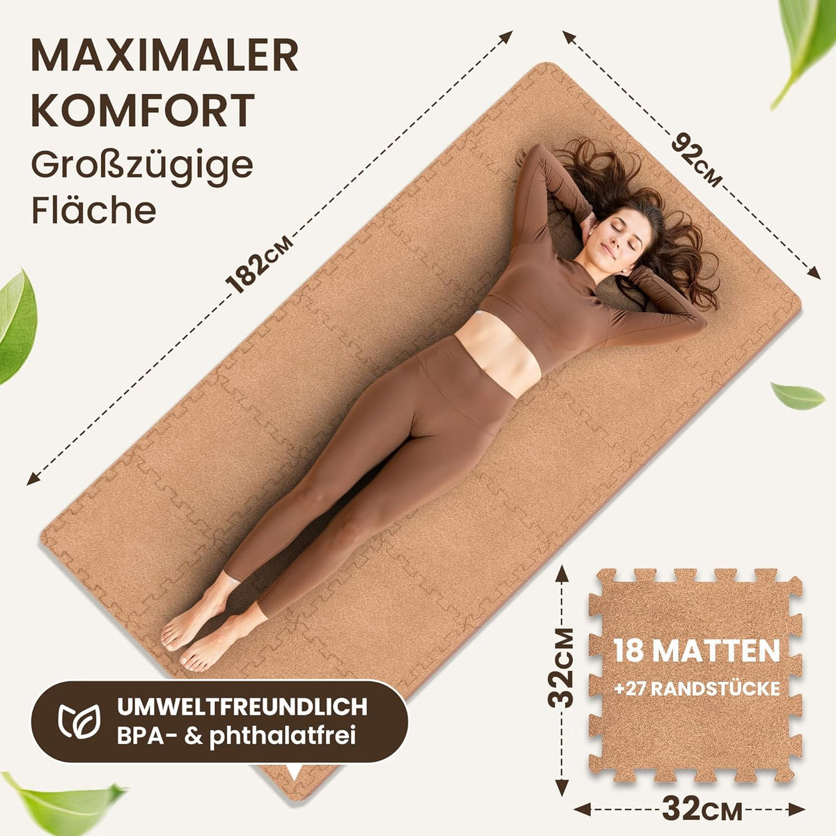 18er-Set Schutzmatten für Fitness, Cork | 18 Matten | 1,67 M² 32L x 32B x 1D cm