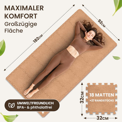 18er-Set Schutzmatten für Fitness, Cork | 18 Matten | 1,67 M² 32L x 32B x 1D cm