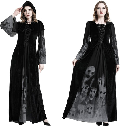 Halloween Hexenkostüm für Damen, langes Kleid, Schwarz L