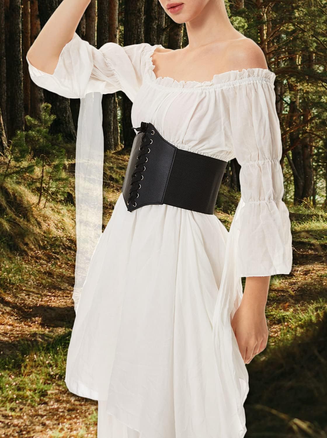 Mittelalter Renaissance Kleid mit Korsett-Gürtel, Weiss XL