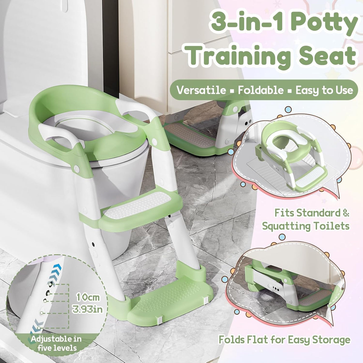 3-in-1 Toilettensitz mit Treppe für Kinder, Grün