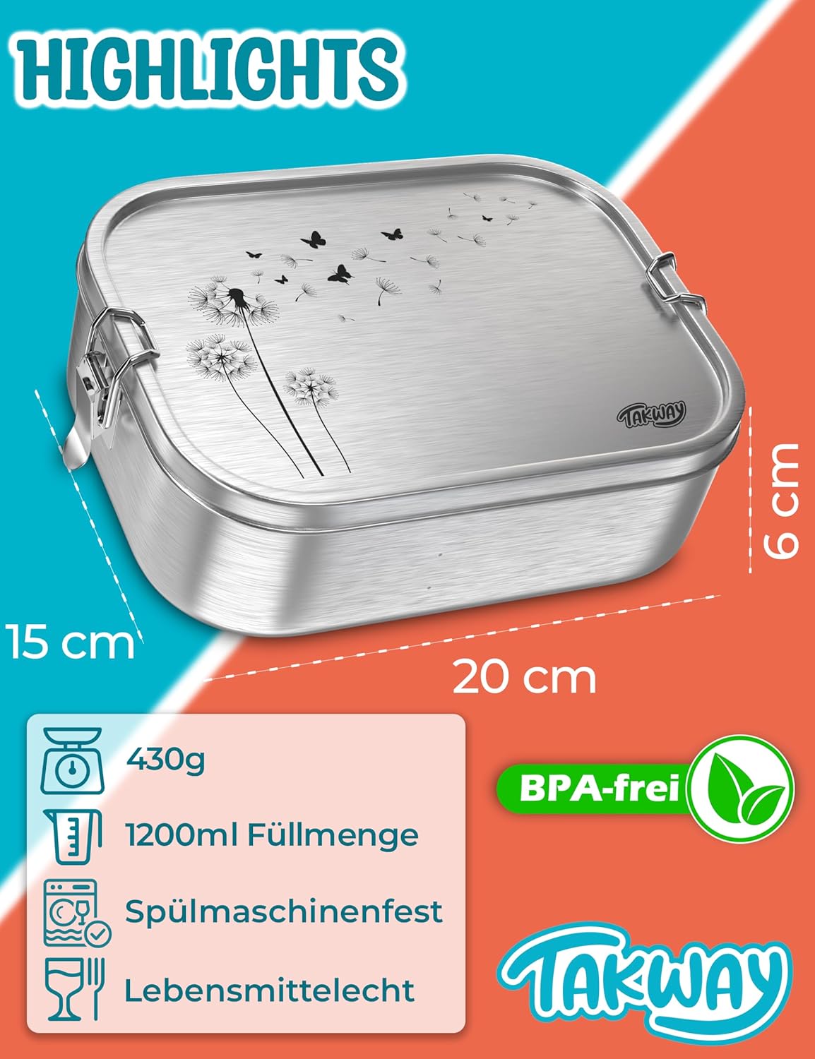 Auslaufsichere Brotdose mit Fächern, Pusteblume 1200ml | Trennsteg
