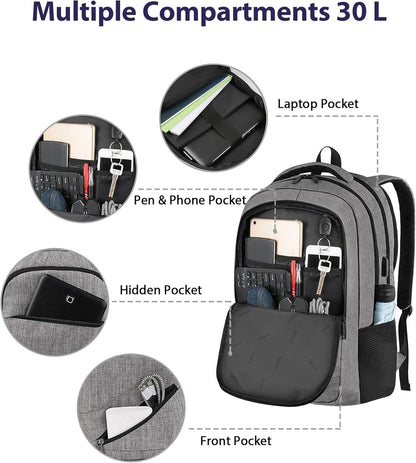 Laptop-Rucksack mit USB & Anti-Diebstahl-Funktion, 17.3 zoll Grau