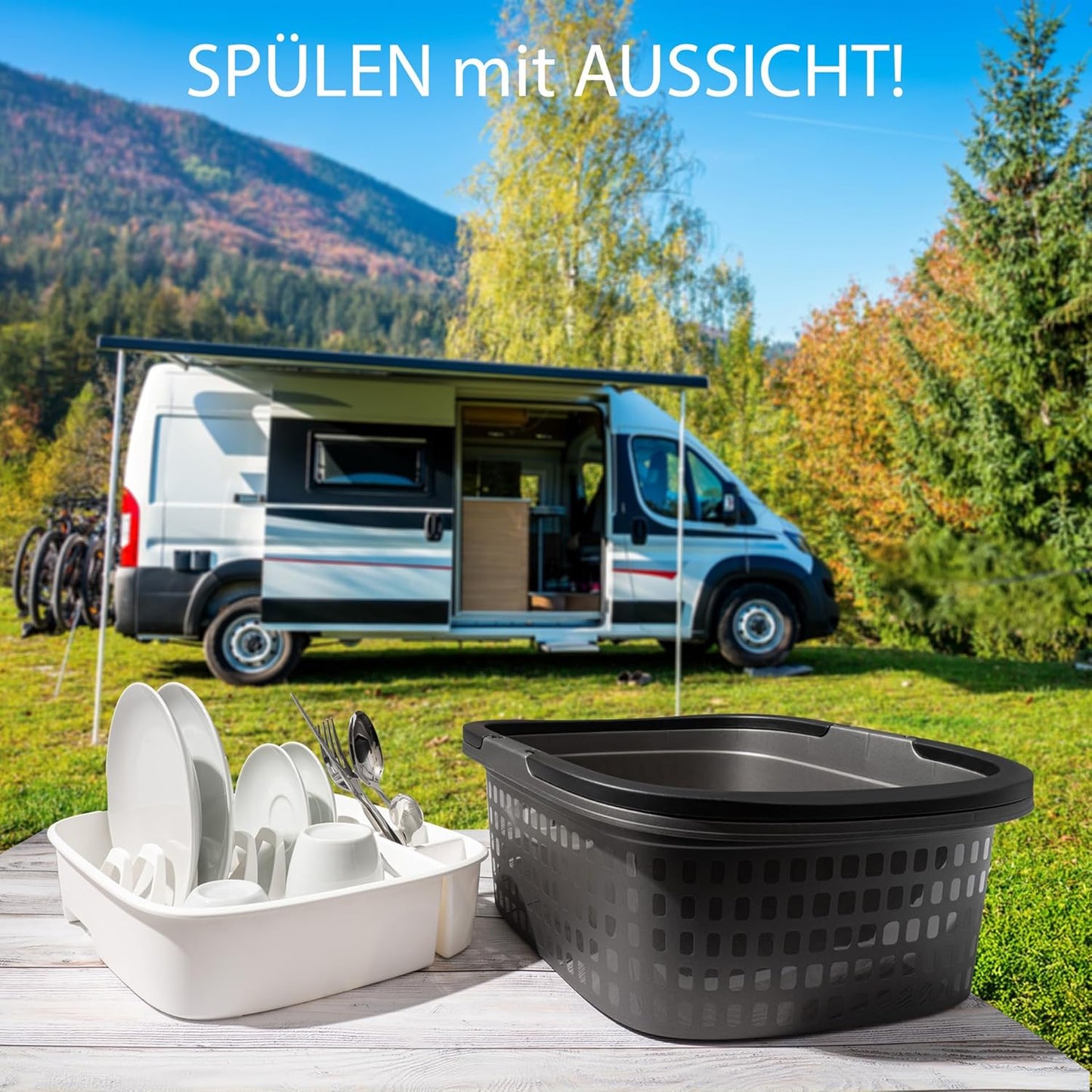Camping-Spülschüssel mit Abtropfgestell, Anthrazit Schwarz Weiss Wanne 16L + Abtropfgestell