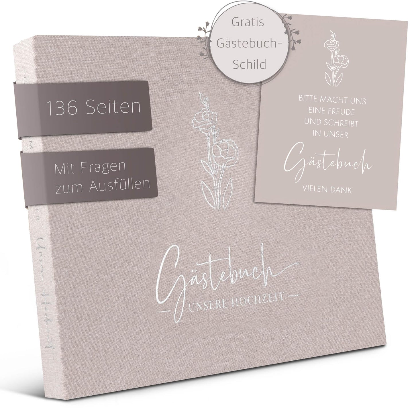 Gästebuch für Hochzeiten, mit Fragen Sandbeige