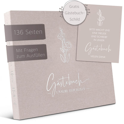 Gästebuch für Hochzeiten, mit Fragen Sandbeige