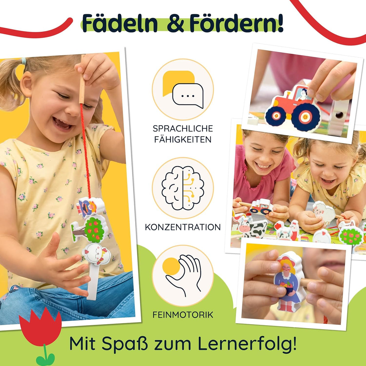 Fädelspiel Bauernhof mit Holzfiguren und Spielbrett