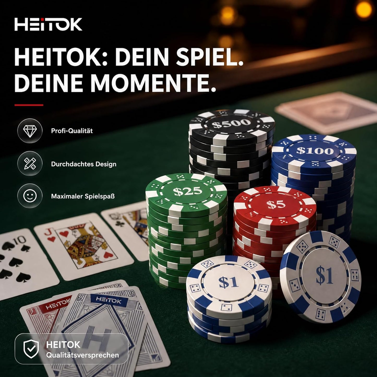 Pokerkoffer für 10 Spieler, 500 Chips mit Zahlen