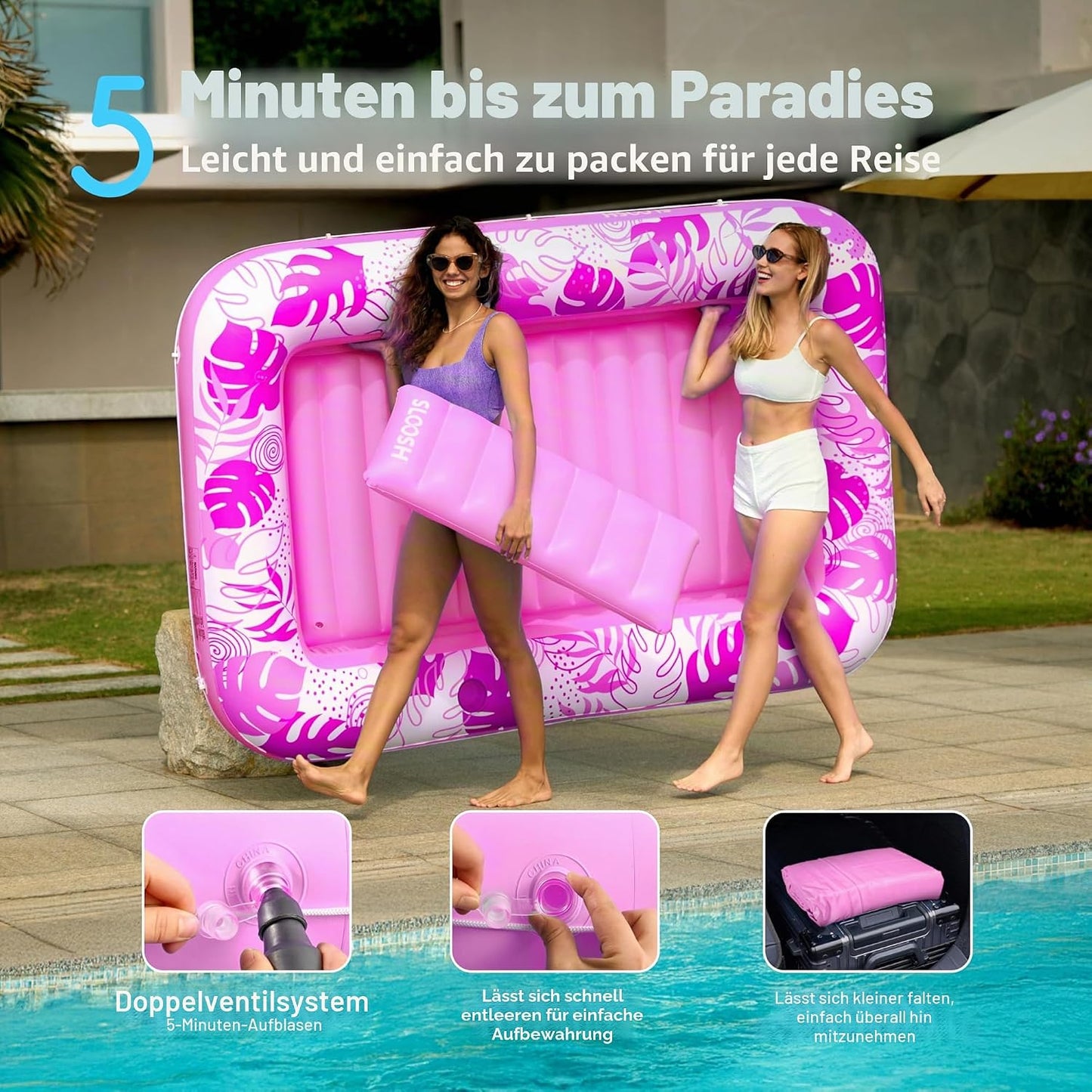 Aufblasbarer 4-in-1 Sonnenliegepool mit Kissen und Getränkehalter, Rosa XL